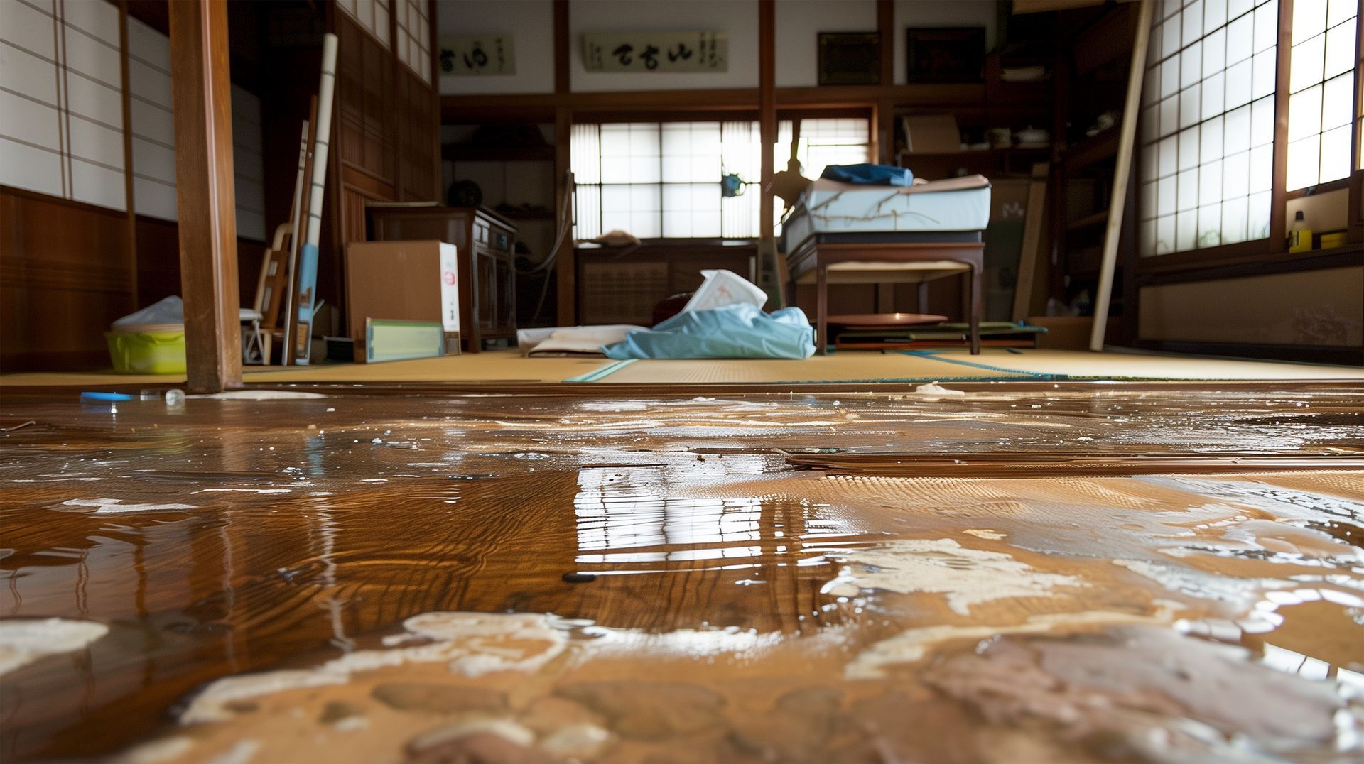 Une pièce sale et avec beaucoup d'eau sur le sol.