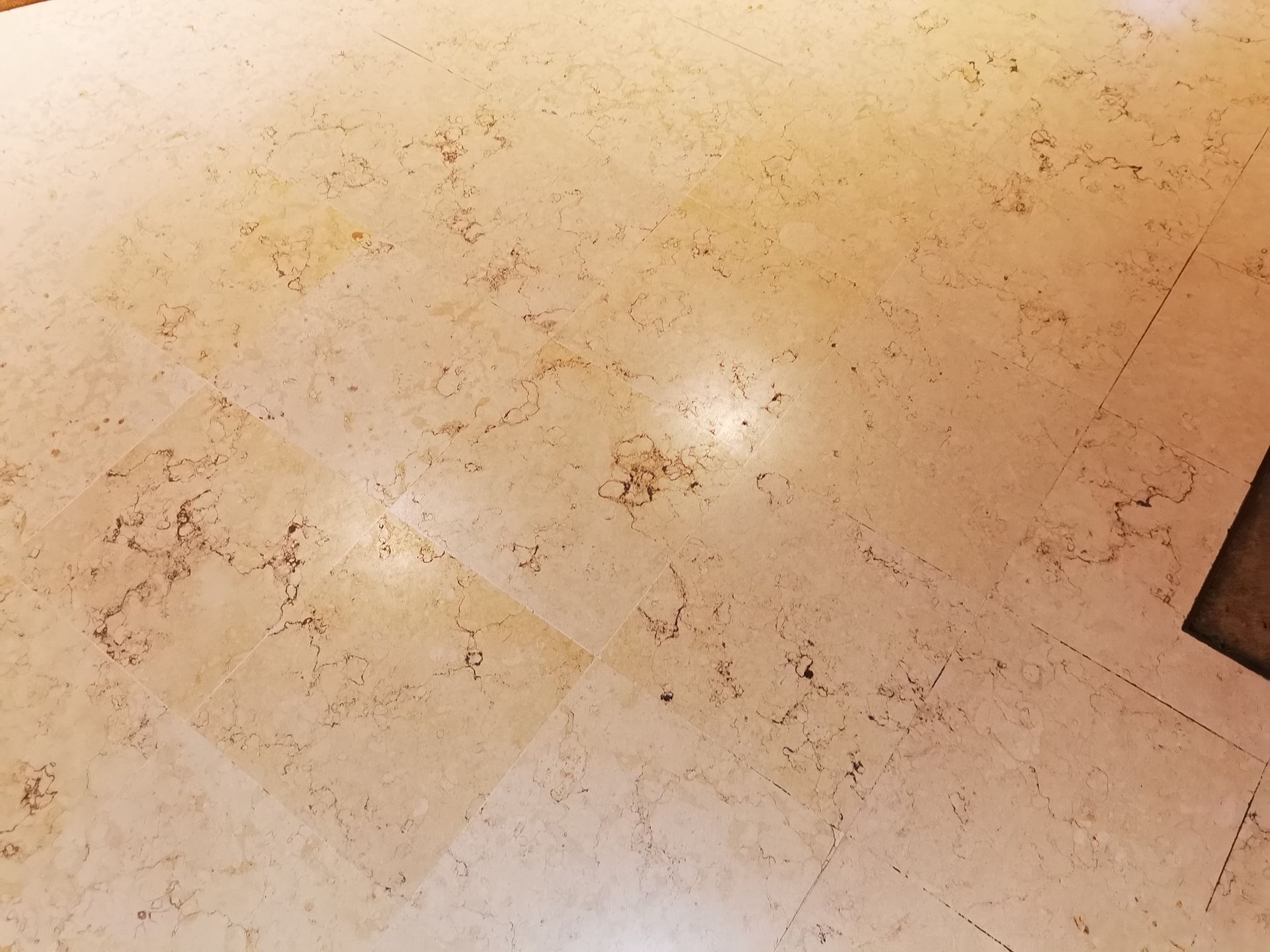 Carrelage en pierre beige clair avec des motifs tourbillonnants naturels et des veines brun foncé.