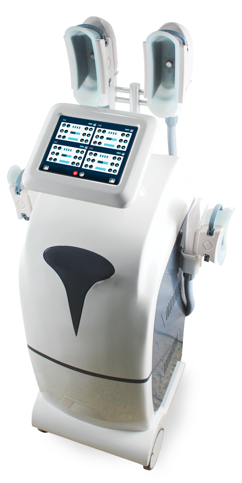 Une machine de remodelage corporel blanche avec un écran numérique et des applicateurs de traitement.