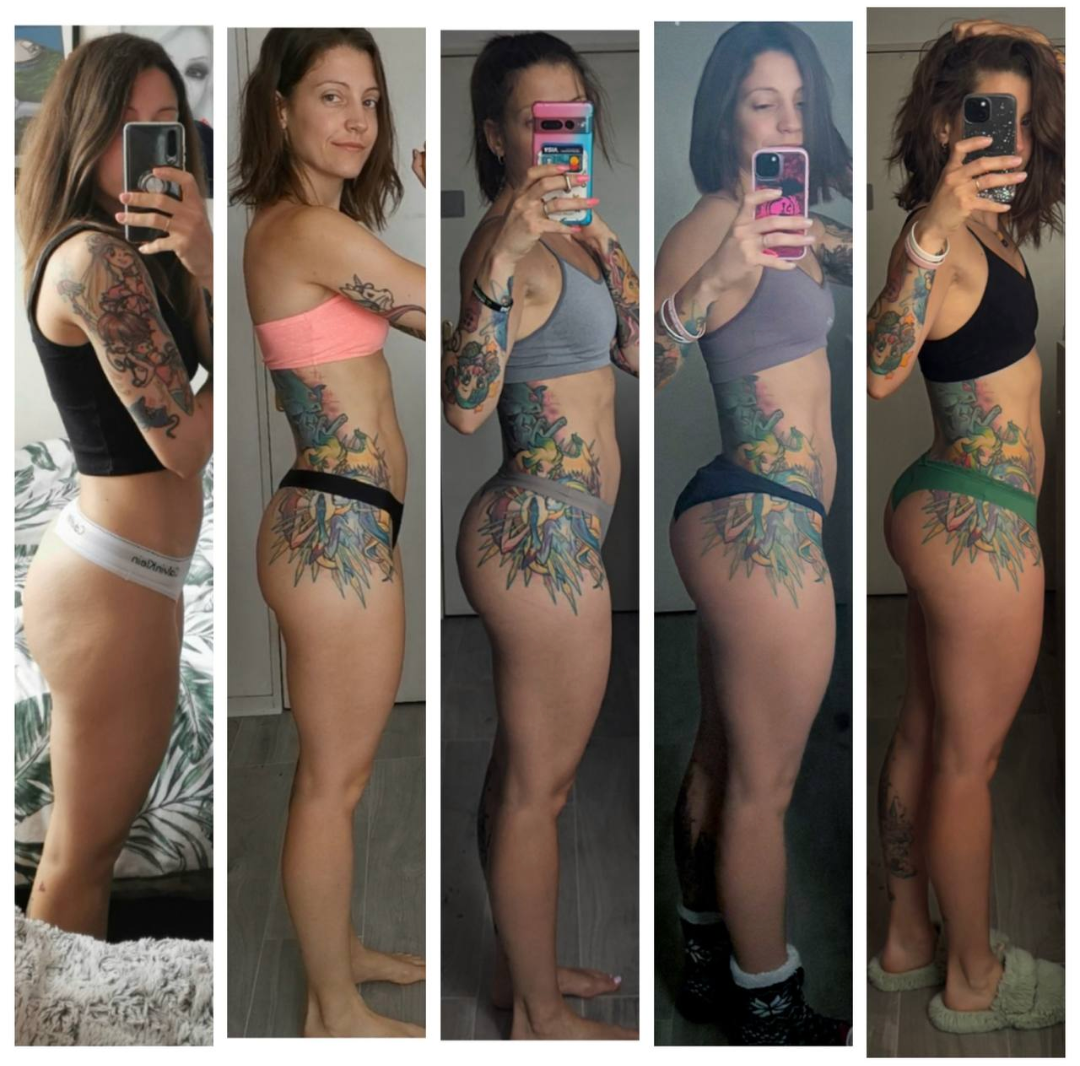 Cinq photos de profil d'une personne en vêtements de sport, avec des changements corporels visibles au fil du temps.