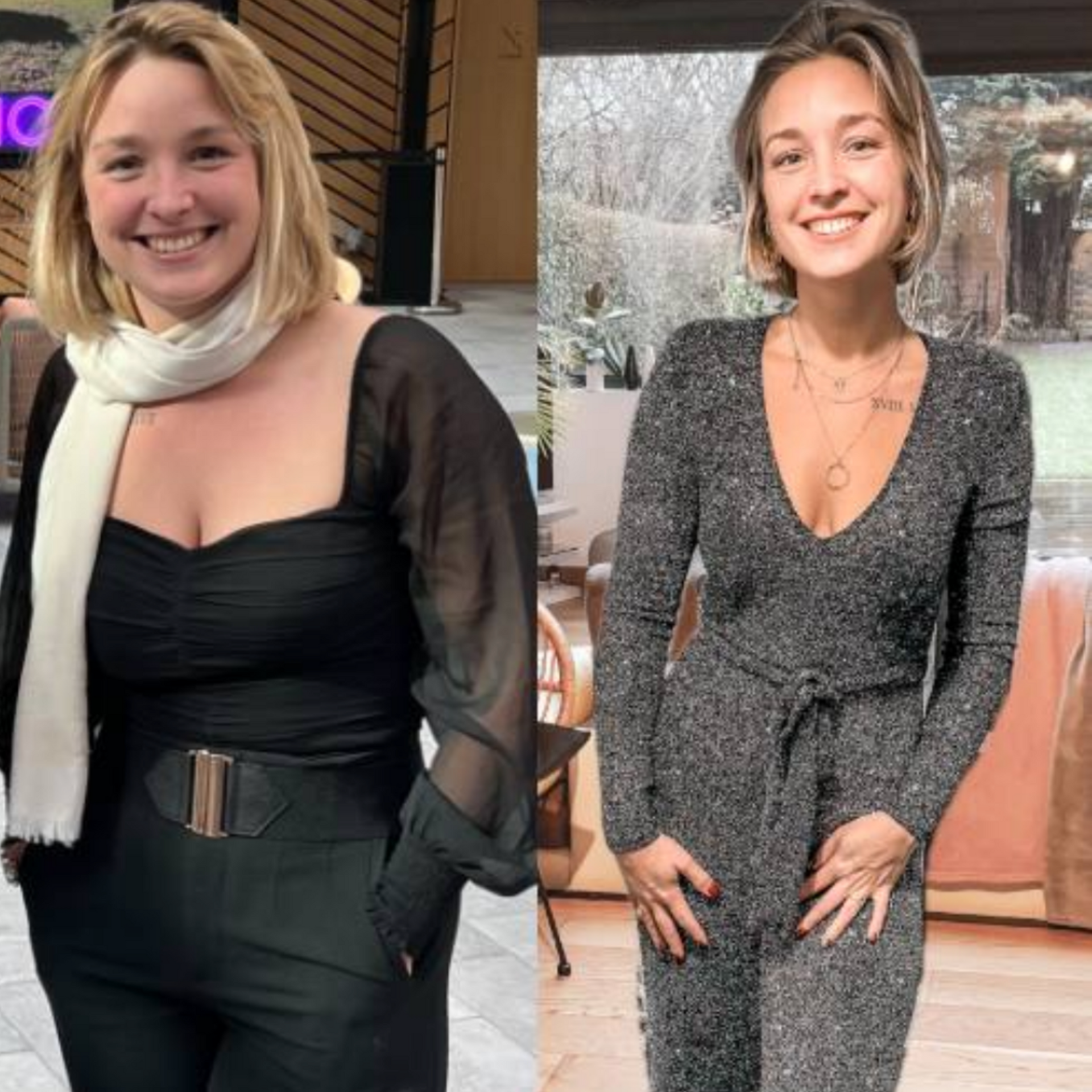 Femme avant et après perte de poids : en haut noir avec foulard, puis combinaison pailletée, souriante.