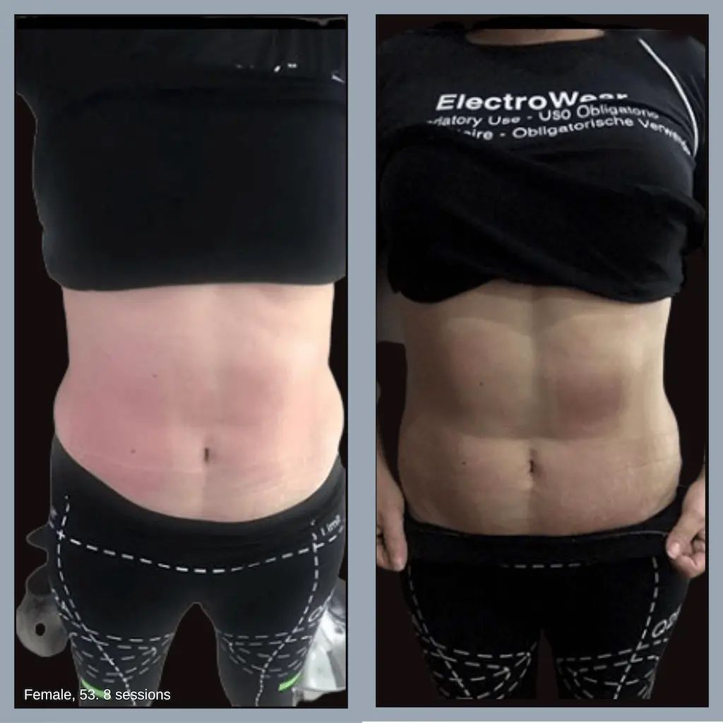 Deux photos de torse côte à côte. La gauche montre un ventre avant et la droite après une séance d'exercice.