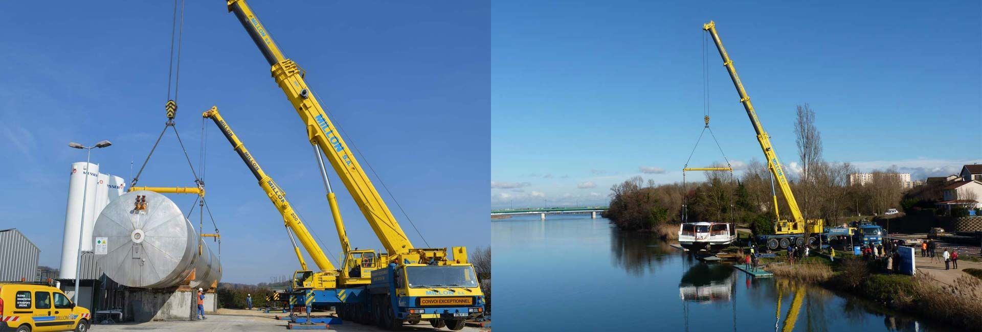 Un écran partagé montre une grue jaune soulevant un grand réservoir métallique circulaire, et la même grue positionnant un bateau dans l'eau.