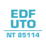 Texte bleu clair sur fond blanc : EDF UTO au-dessus d’une ligne horizontale, avec NT 85114 en dessous.
