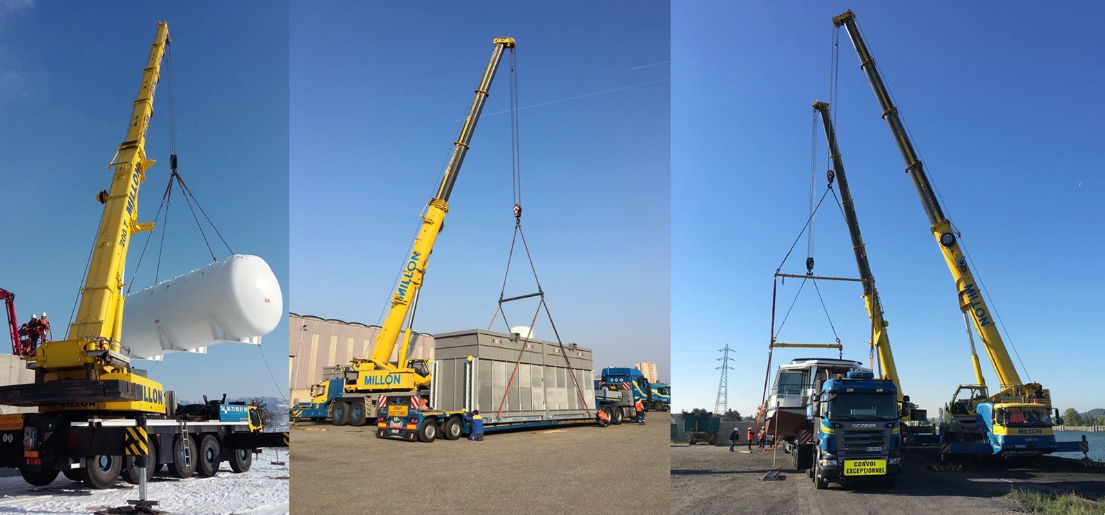 Trois grues jaunes soulèvent de lourdes charges industrielles, dont un réservoir blanc et de gros équipements, sur un site extérieur.