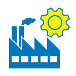 Un bâtiment industriel bleu avec une cheminée, à côté d'une icône jaune en forme de soleil et d'engrenage.