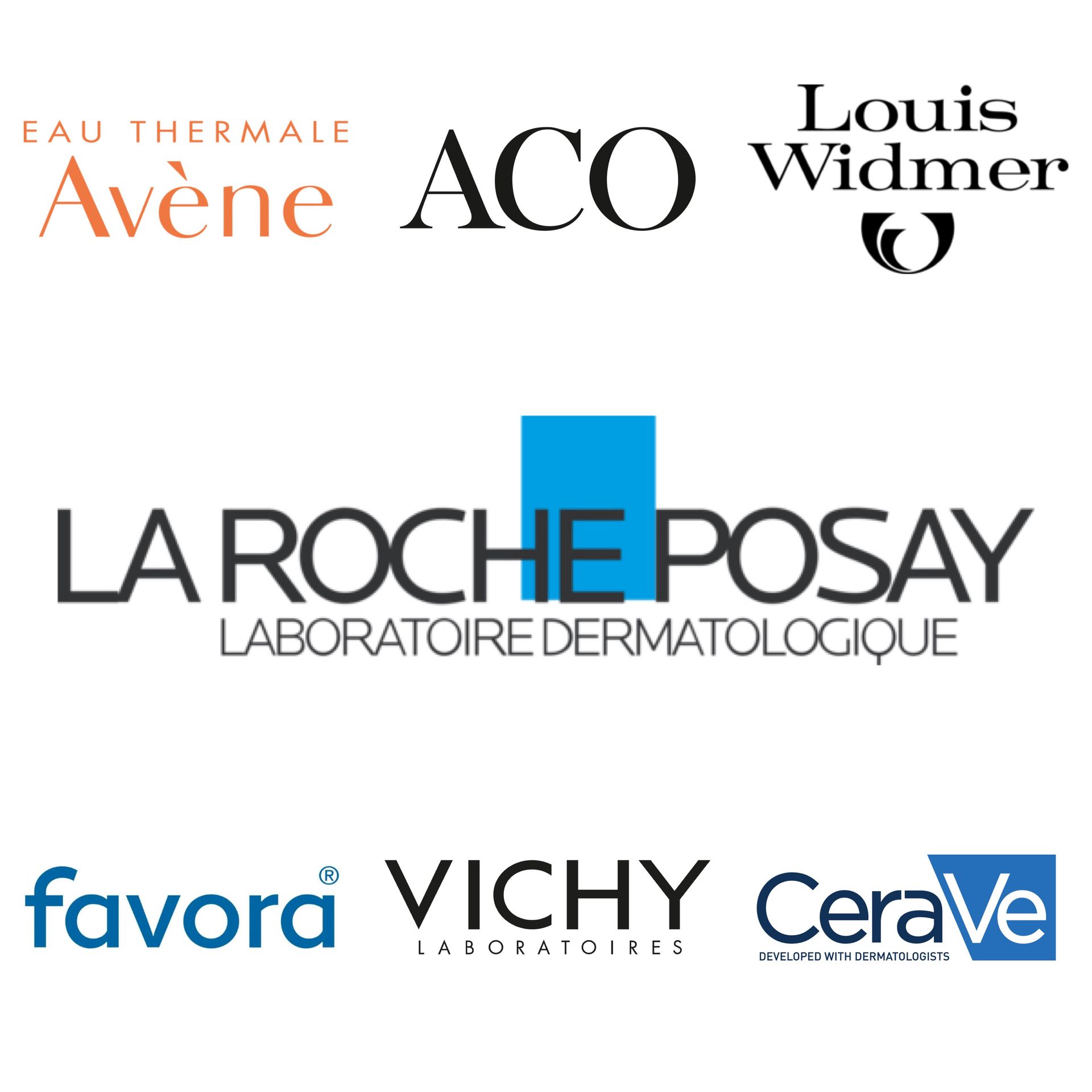Ihonhoitomerkkien logot: Avene, ACO, Louis Widmer, La Roche-Posay, Favora, Vichy ja CeraVe.