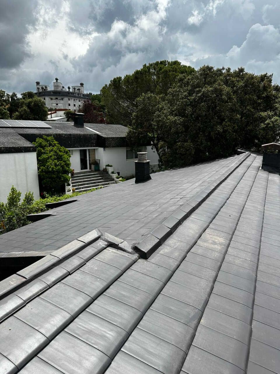 Un techo de una casa con árboles al fondo.