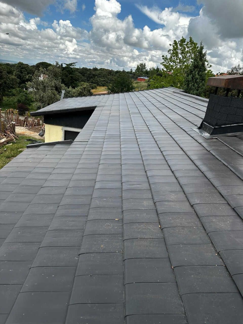 Un tejado con muchas tejas y árboles al fondo.