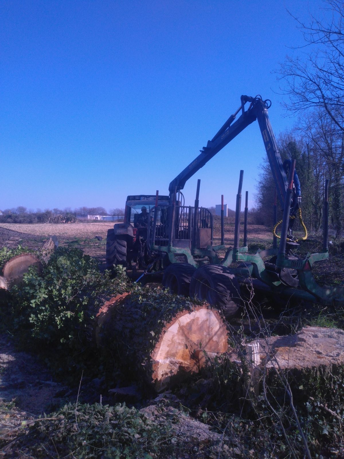 Un tracteur ramasse des morceaux de tronc