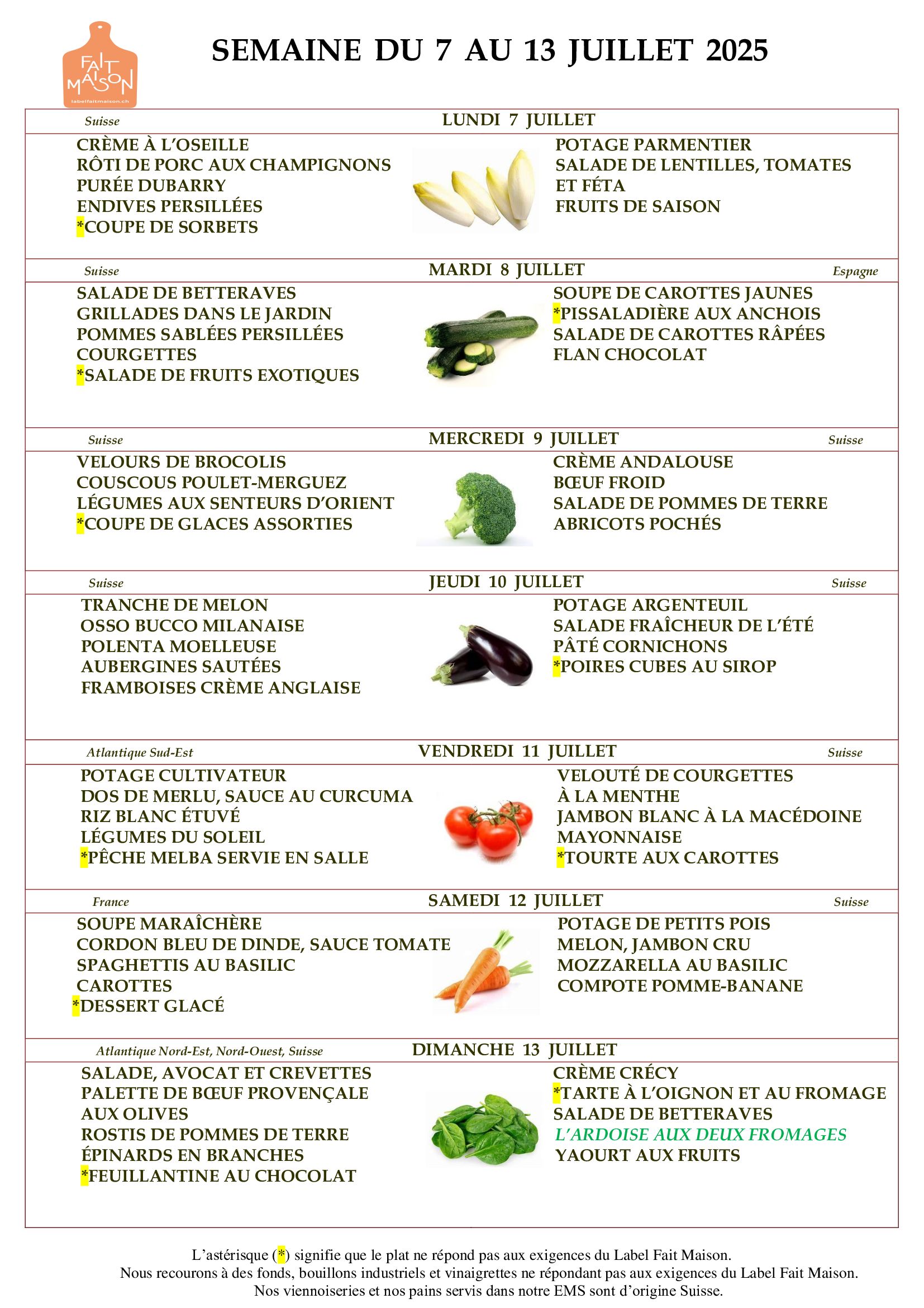 E.M.S La Terrassière - résidence pour personnes agées - Genève - menu de la semaine