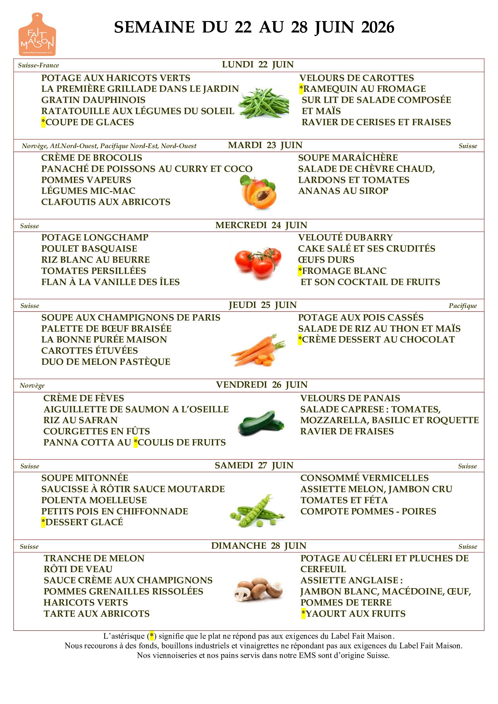 E.M.S La Terrassière - résidence pour personnes agées - Genève - menu de la semaine