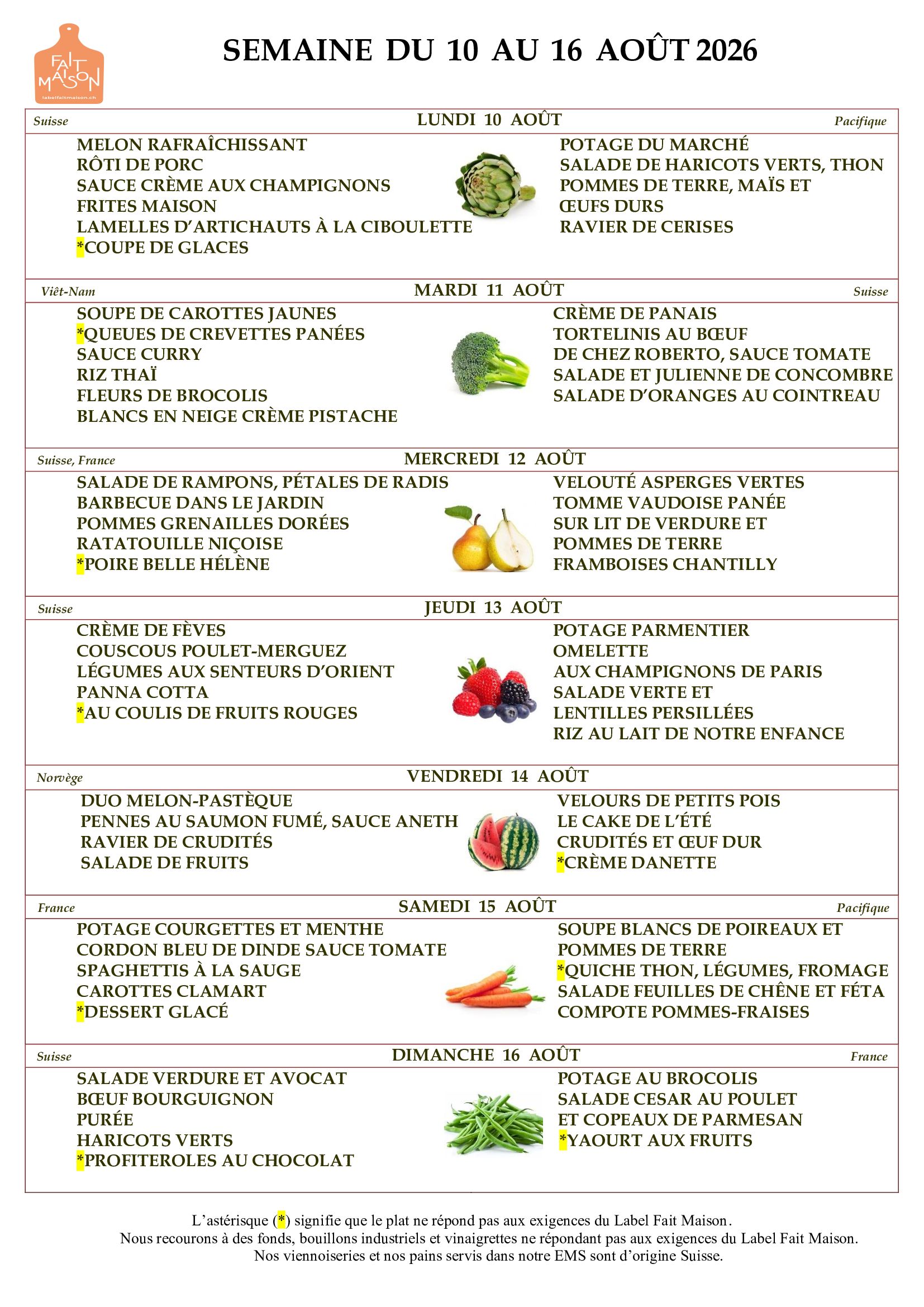 E.M.S La Terrassière - résidence pour personnes agées - Genève - menu de la semaine