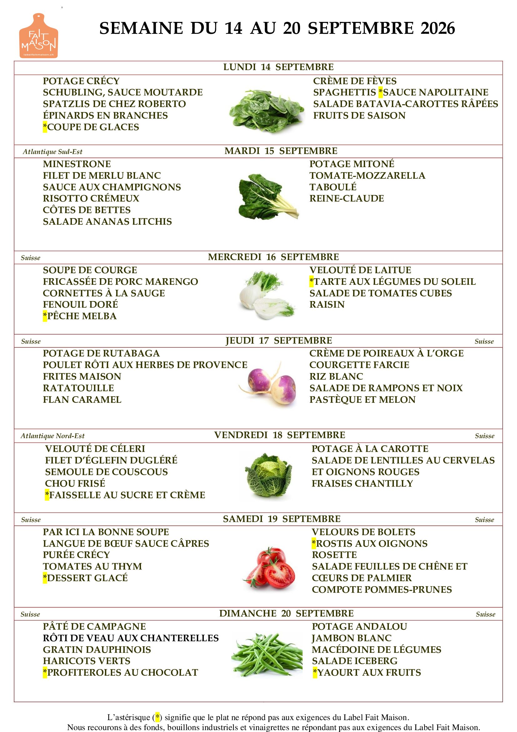 E.M.S La Terrassière - résidence pour personnes agées - Genève - menu de la semaine