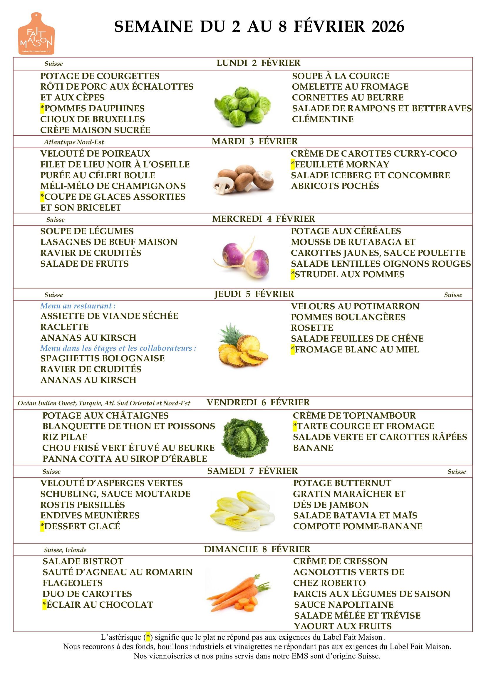 E.M.S La Terrassière - résidence pour personnes agées - Genève - menu de la semaine