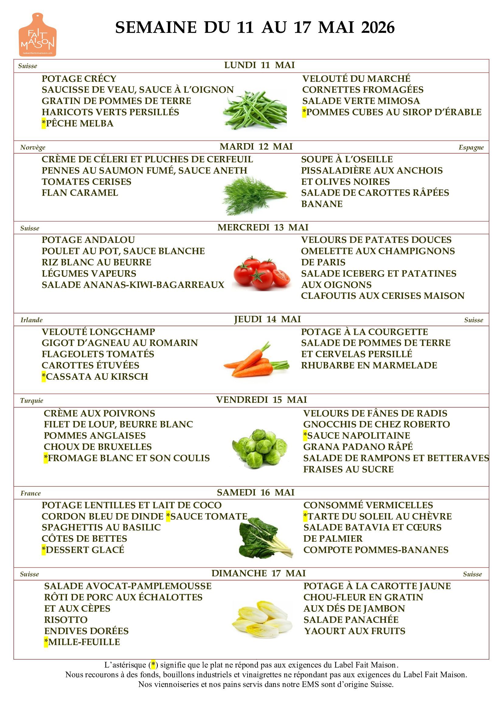 E.M.S La Terrassière - résidence pour personnes agées - Genève - menu de la semaine
