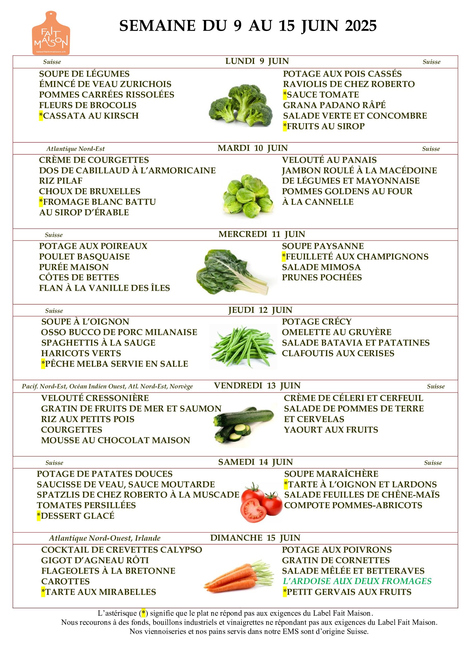 E.M.S La Terrassière - résidence pour personnes agées - Genève - menu de la semaine