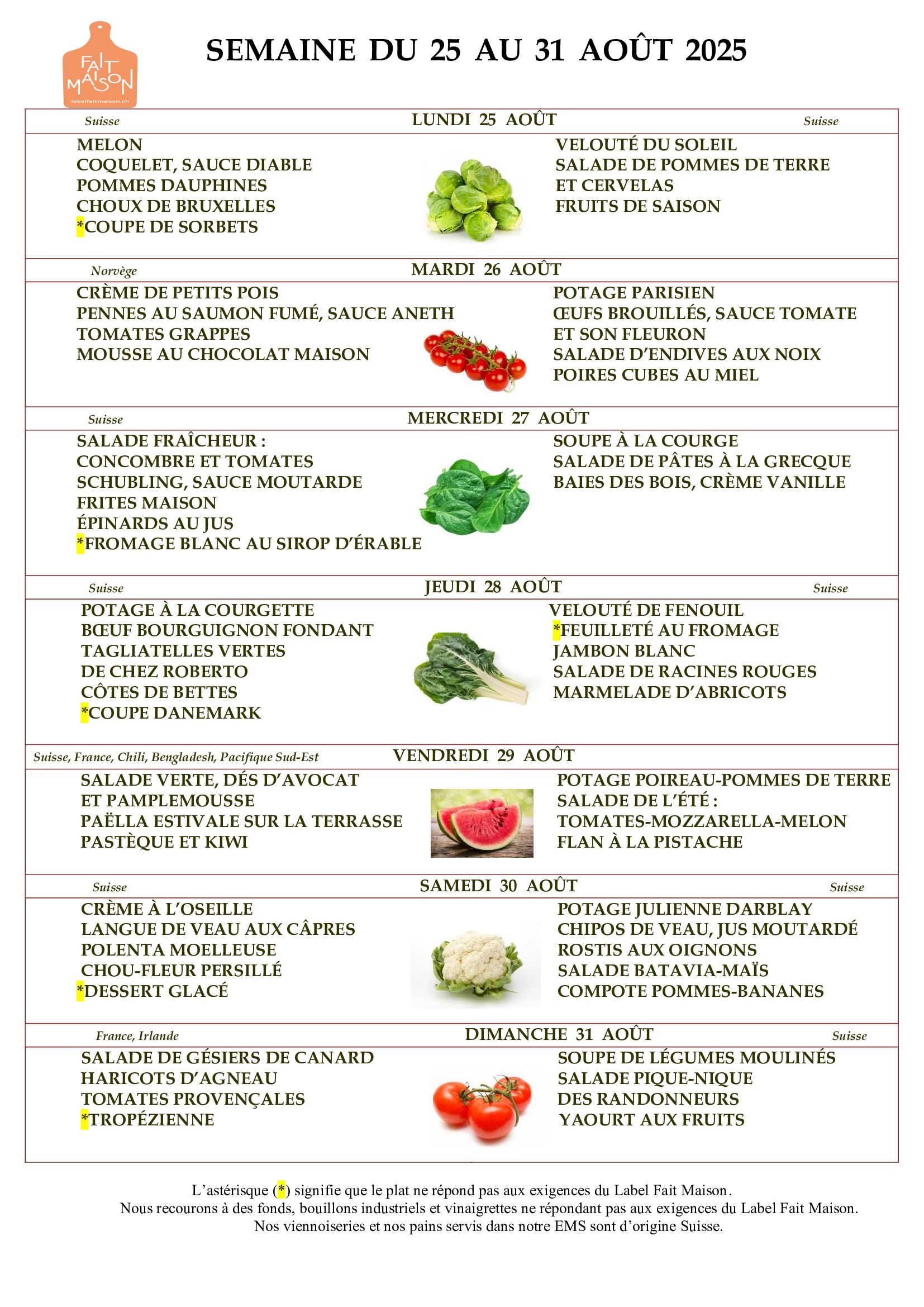 E.M.S La Terrassière - résidence pour personnes agées - Genève - menu de la semaine