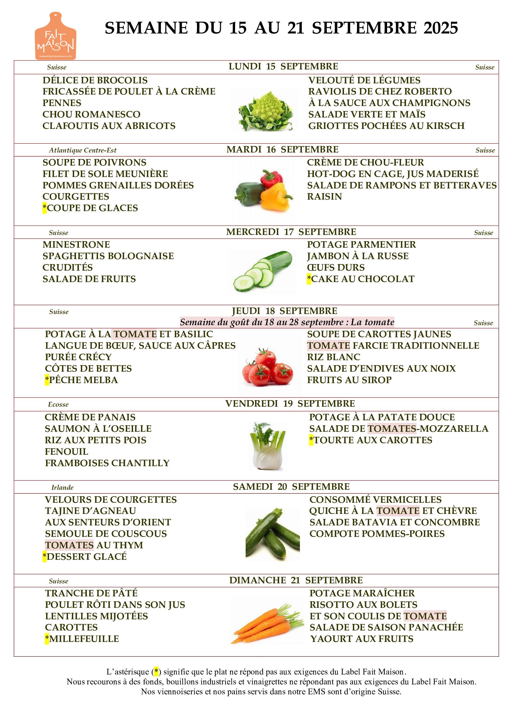 E.M.S La Terrassière - résidence pour personnes agées - Genève - menu de la semaine