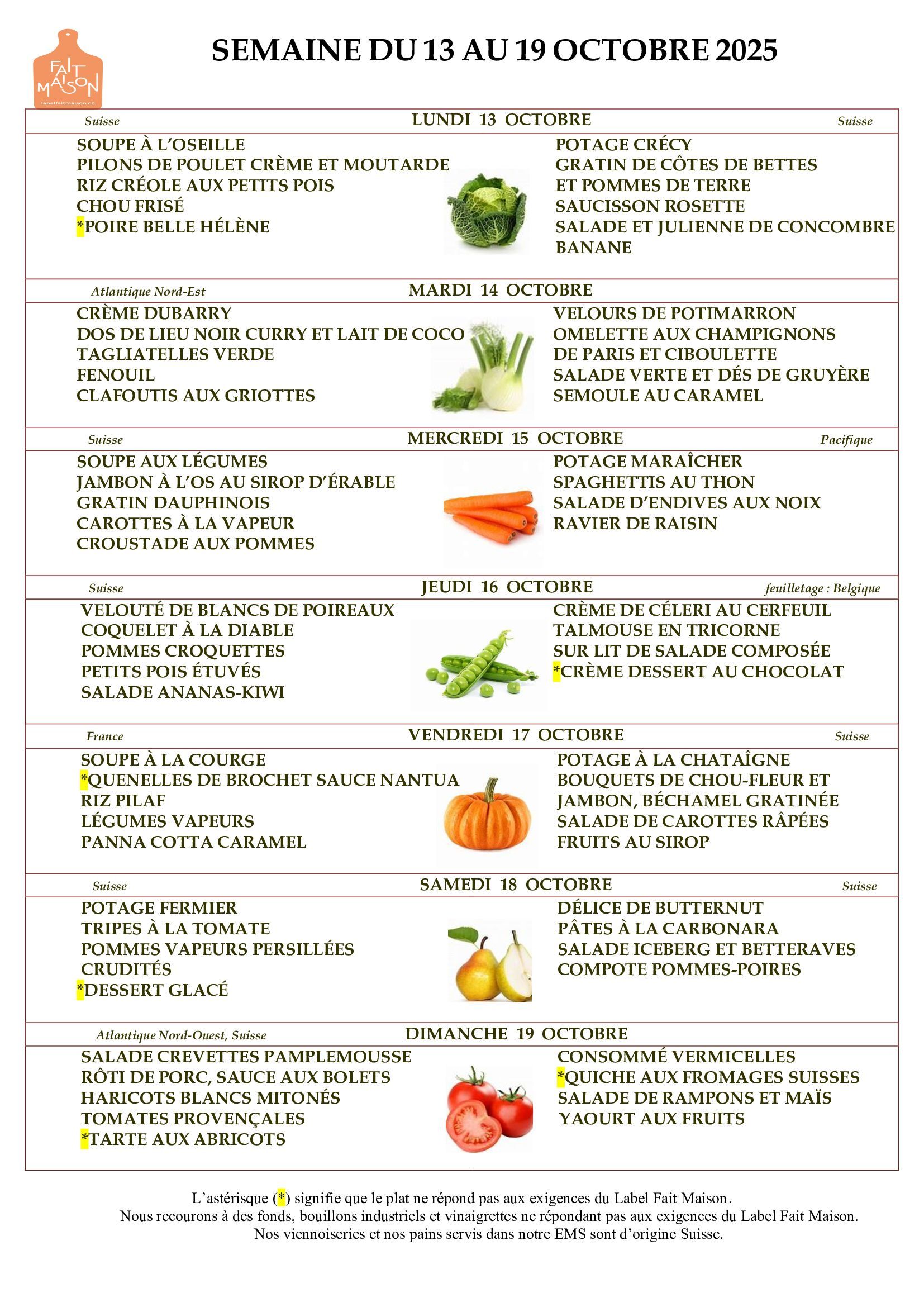 E.M.S La Terrassière - résidence pour personnes agées - Genève - menu de la semaine