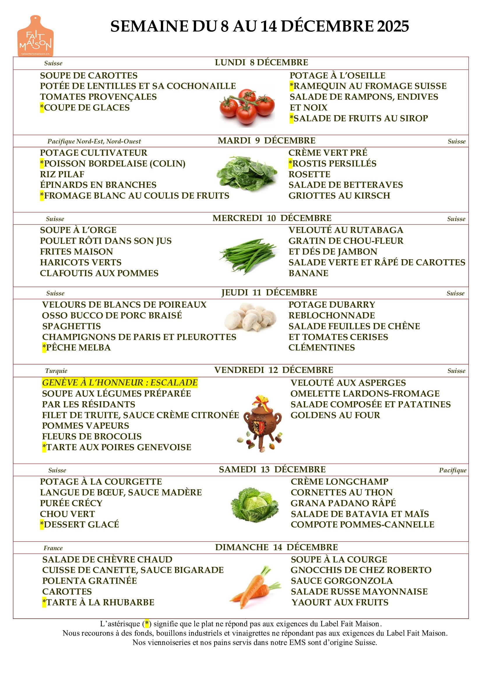 E.M.S La Terrassière - résidence pour personnes agées - Genève - menu de la semaine