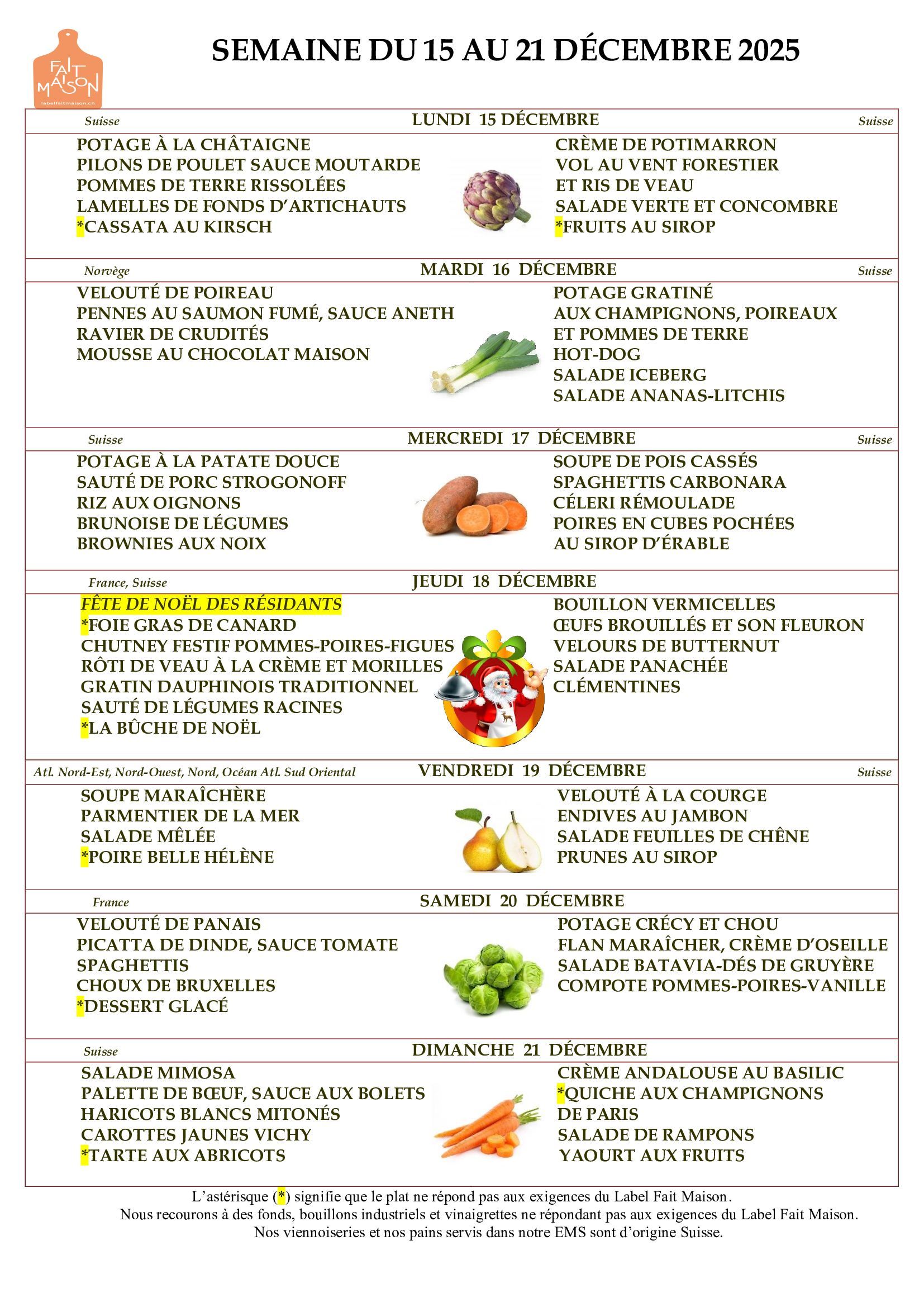 E.M.S La Terrassière - résidence pour personnes agées - Genève - menu de la semaine