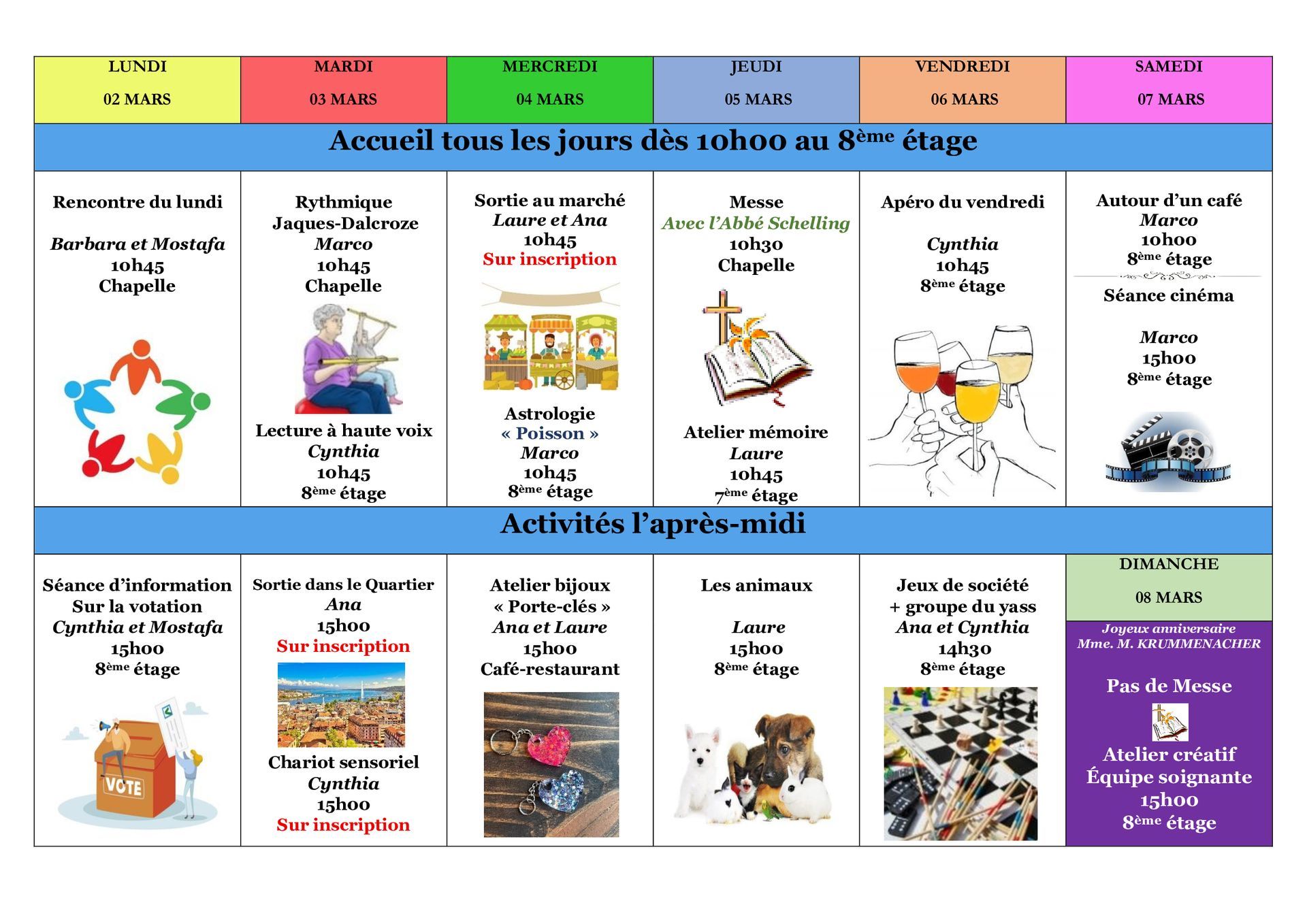 E.M.S La Terrassière - résidence pour personnes agées - Genève - programme des animations de la semaine