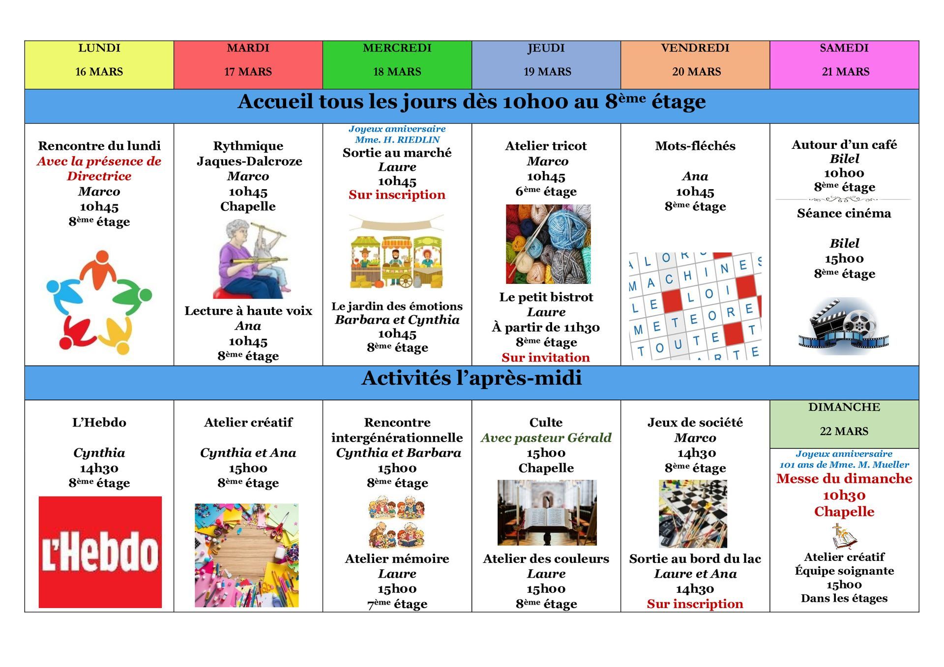 E.M.S La Terrassière - résidence pour personnes agées - Genève - programme des animations de la semaine