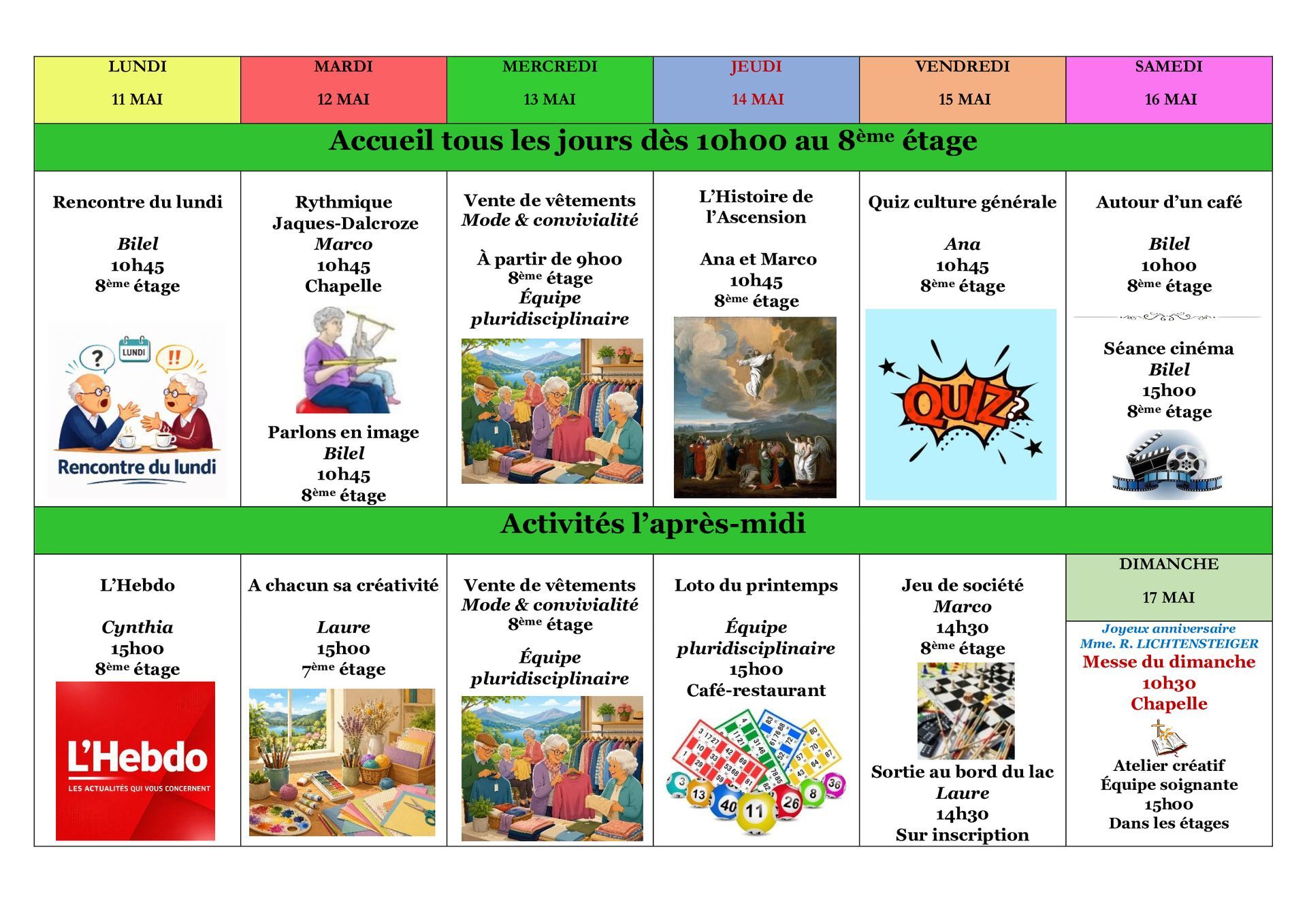 E.M.S La Terrassière - résidence pour personnes agées - Genève - programme des animations de la semaine