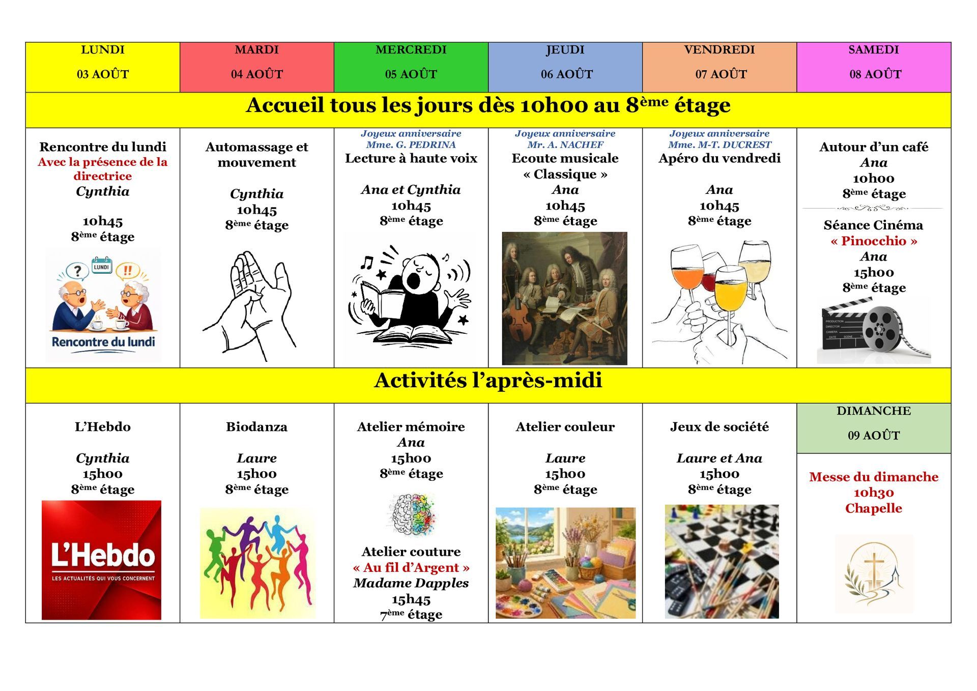 E.M.S La Terrassière - résidence pour personnes agées - Genève - programme des animations de la semaine