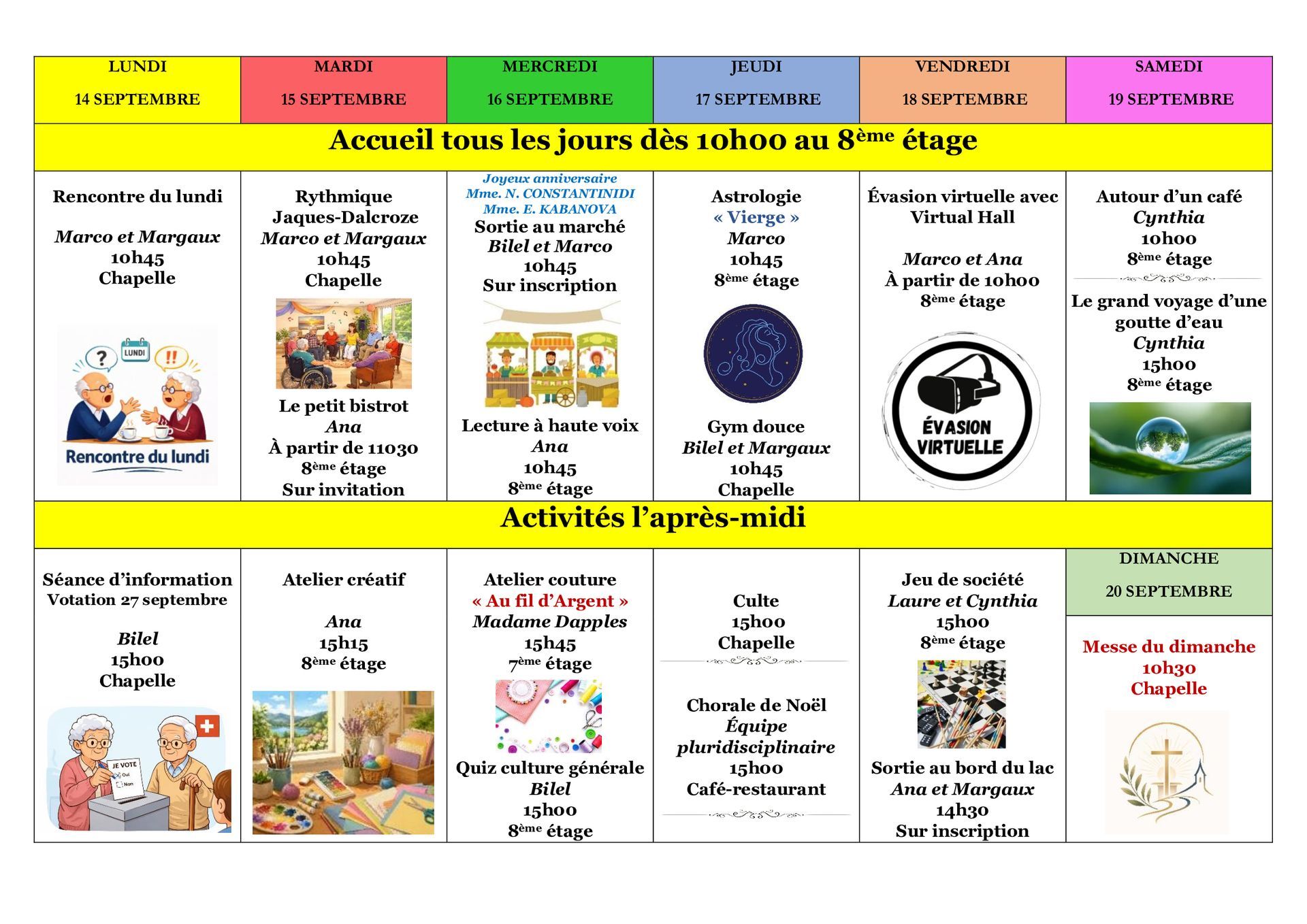 E.M.S La Terrassière - résidence pour personnes agées - Genève - programme des animations de la semaine