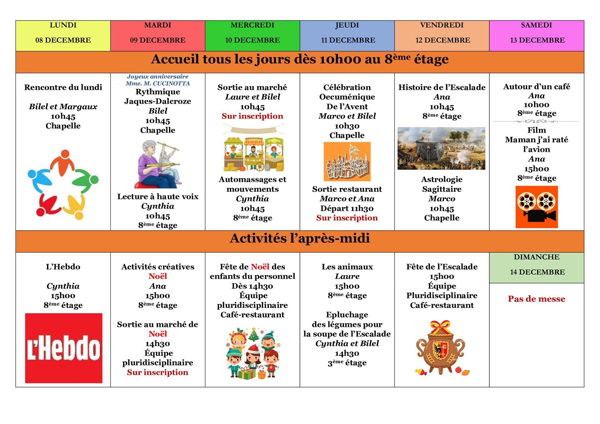 E.M.S La Terrassière - résidence pour personnes agées - Genève - programme des animations de la semaine