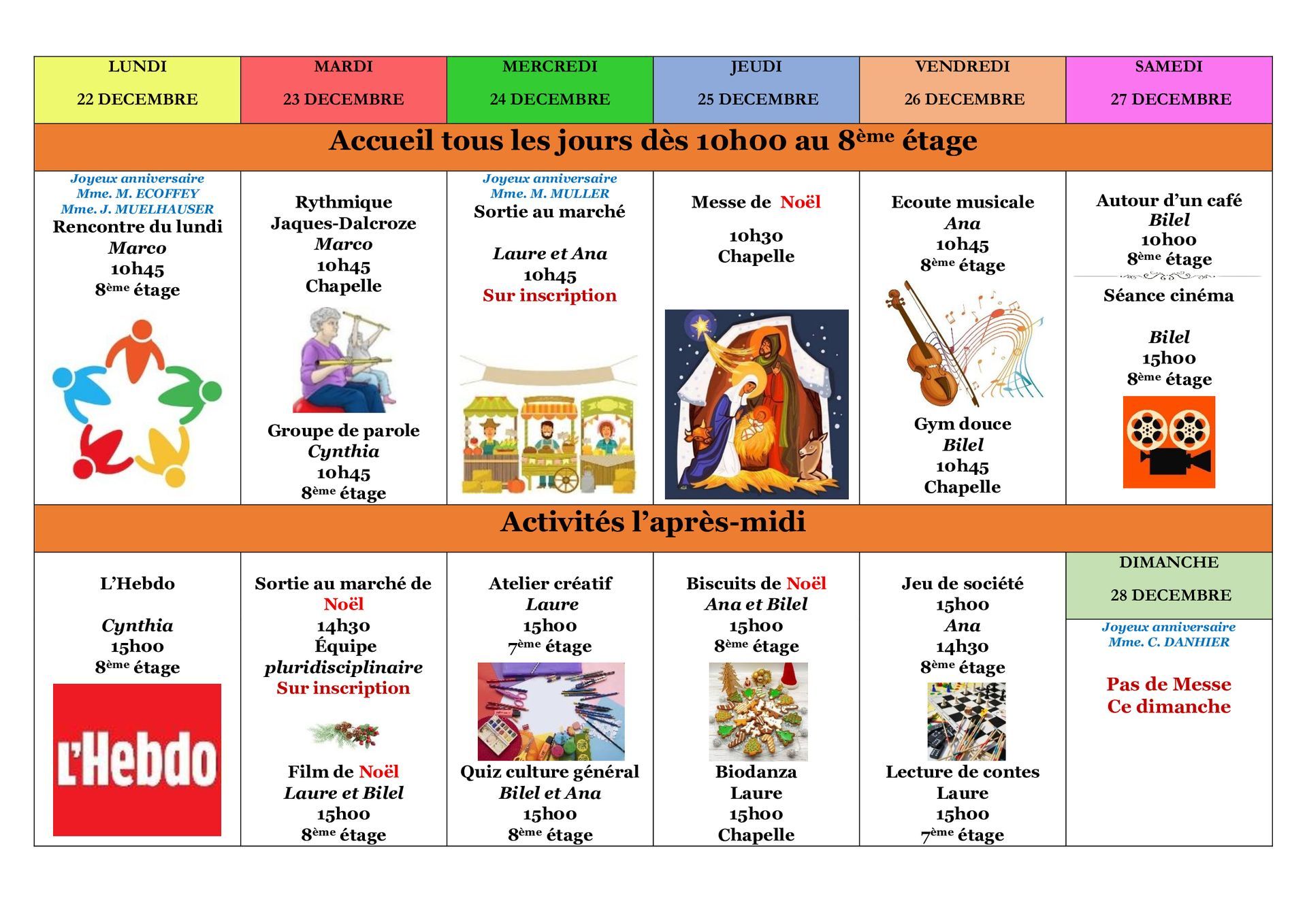 E.M.S La Terrassière - résidence pour personnes agées - Genève - programme des animations de la semaine