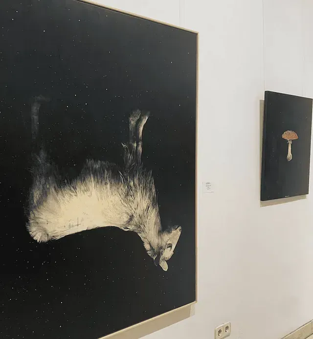 Galería de arte con dos obras enmarcadas sobre paredes blancas. Un lienzo negro grande muestra un gato cayendo; un lienzo negro pequeño muestra un hongo.