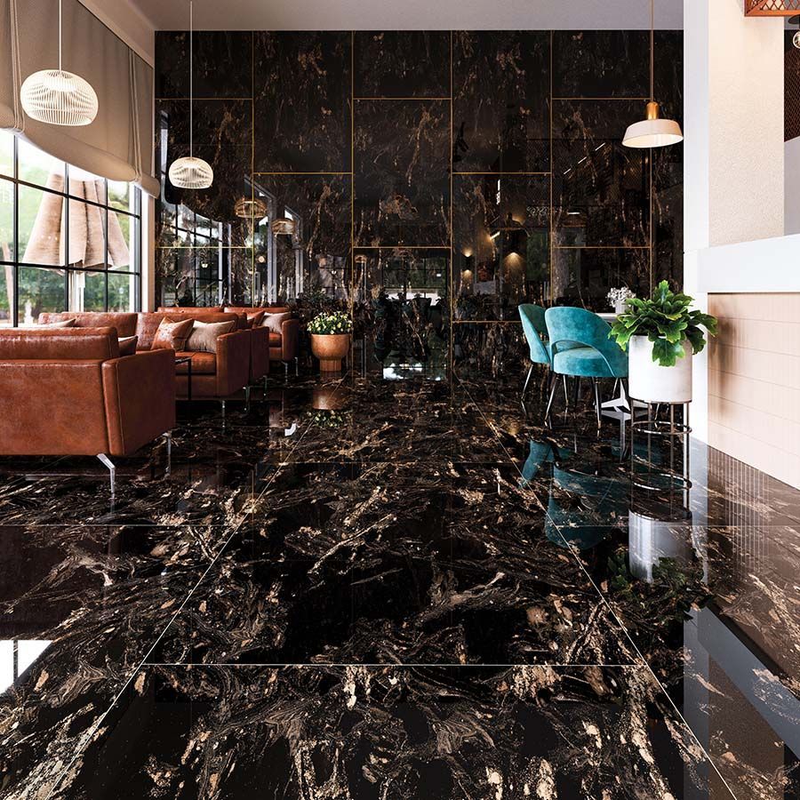 Modernes Wohnzimmer mit schwarzem Marmorboden, braunem Sofa, türkisfarbenen Sesseln und Hängeleuchten