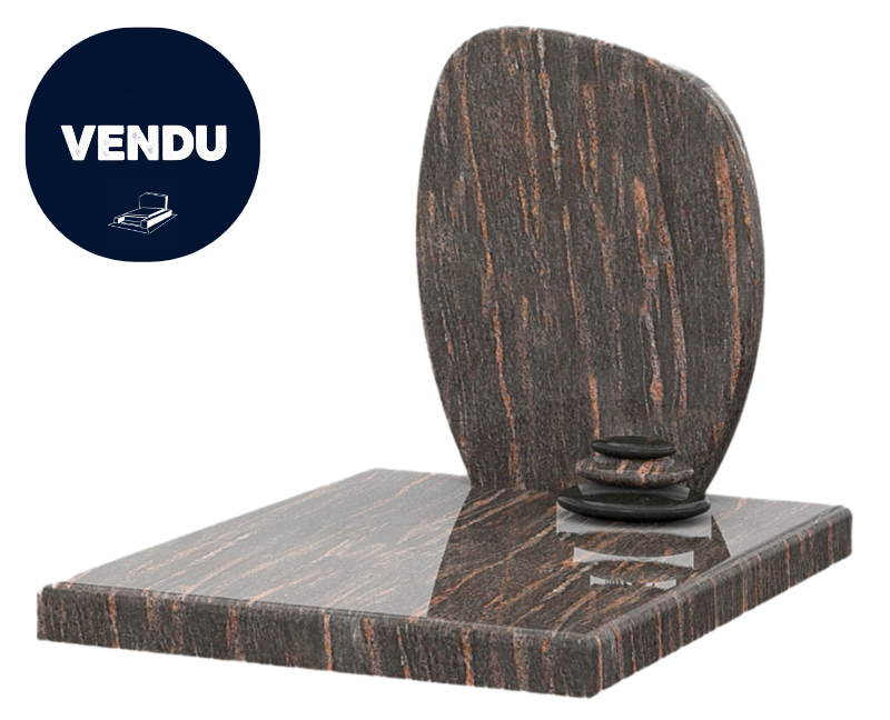 Pierre tombale en granit brun veiné, avec une stèle et un socle verticaux et abstraits.