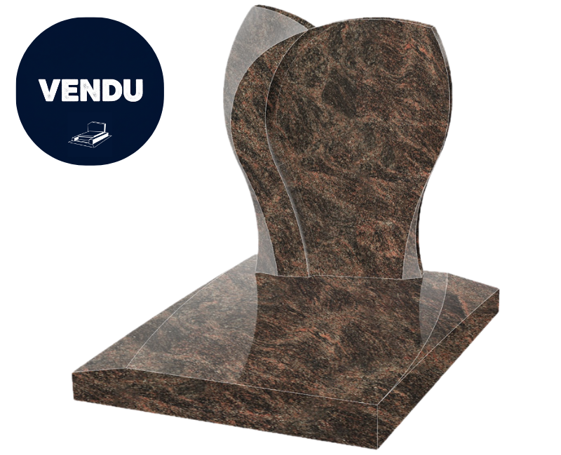 Pierre tombale en granit brun, motif floral abstrait stylisé, sur une base rectangulaire.