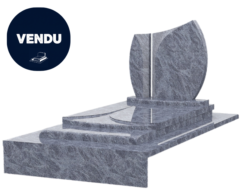Pierre tombale en pierre grise, avec un motif abstrait.