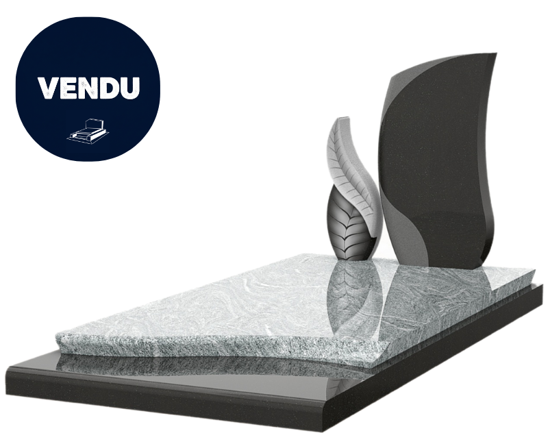 Une pierre tombale en granit ornée d'un vase décoratif et d'une sculpture sombre.