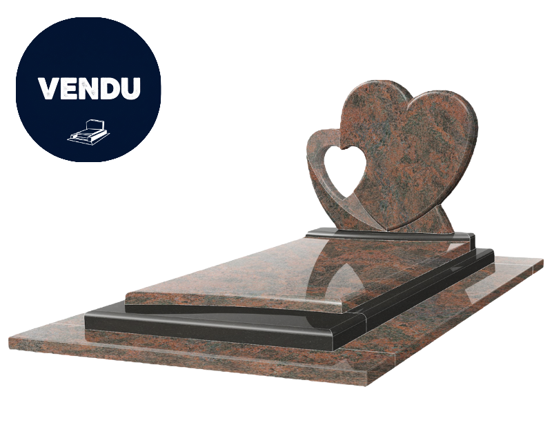 Pierre tombale avec monument en forme de cœur en granit brun.