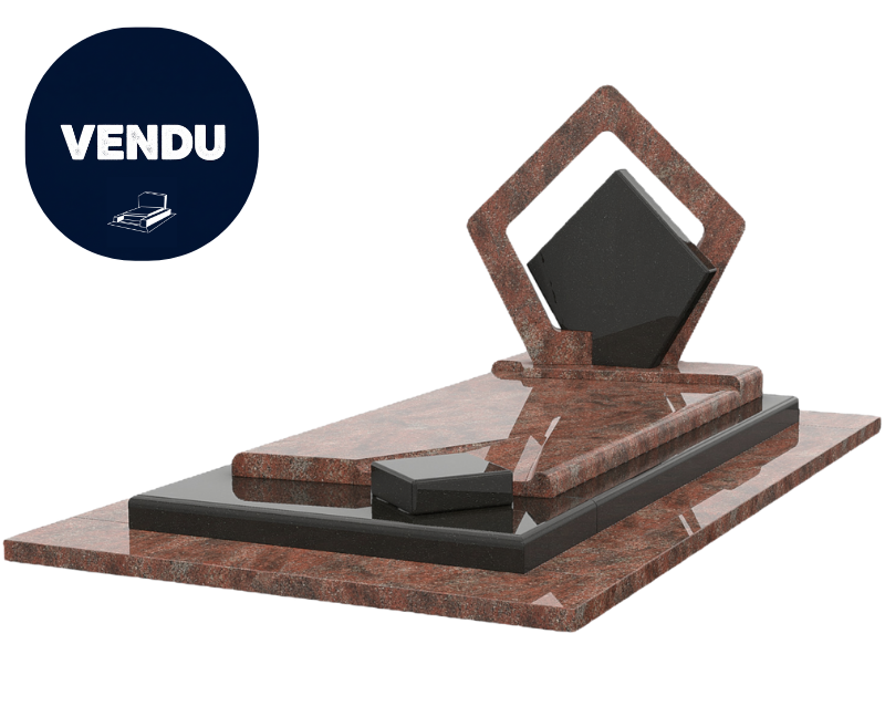Pierre tombale en granit rouge et marbre noir ornée d'un motif en forme de losange.