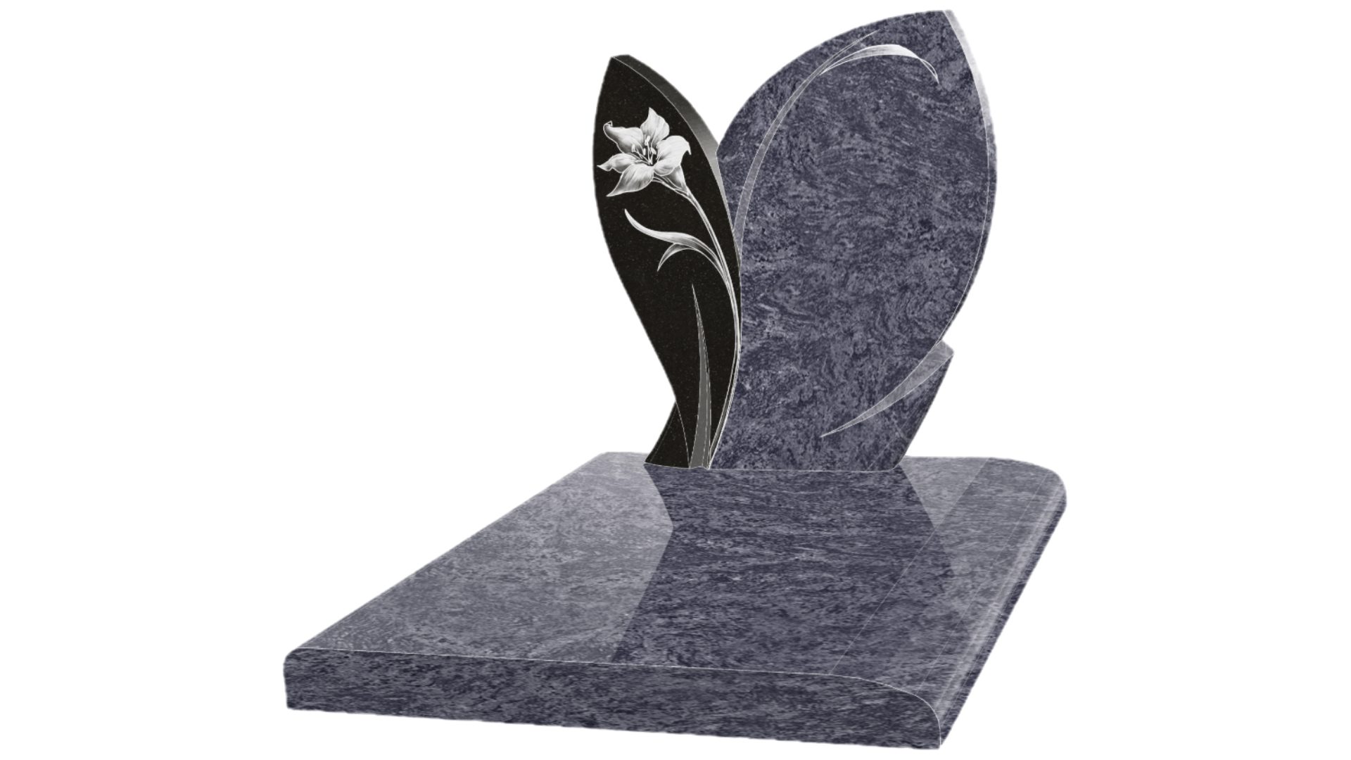 Pierre tombale en granit bleu avec sculpture de lys.