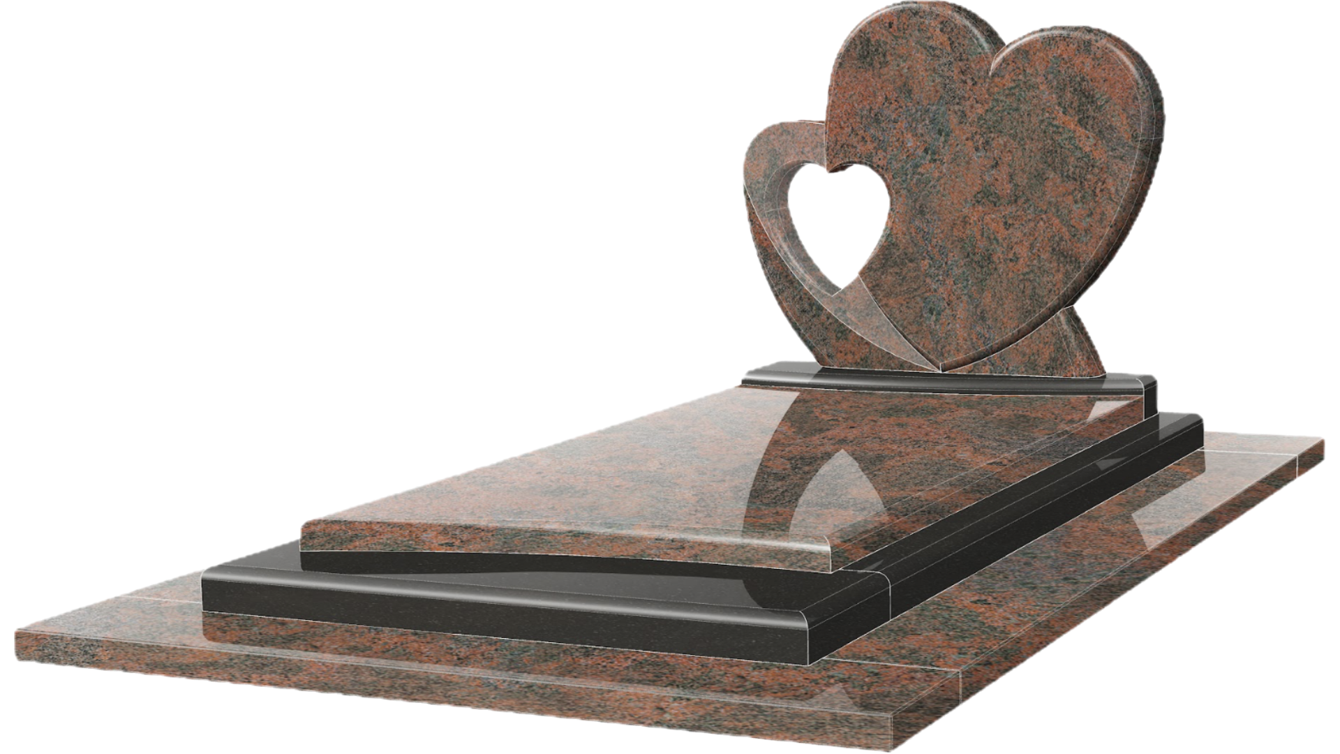 Pierre tombale avec monument en forme de cœur en granit brun.