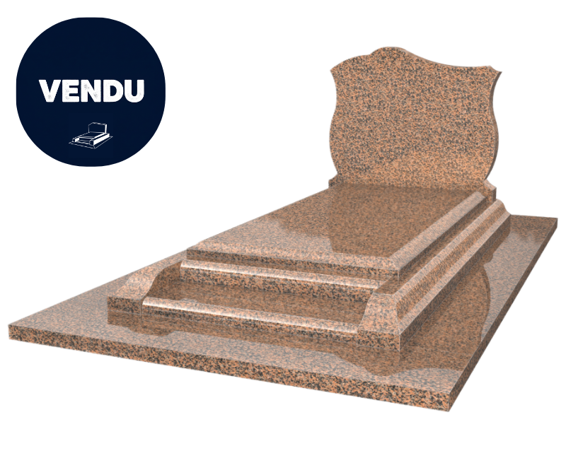 Pierre tombale en granit rose avec un sommet en forme irrégulière.