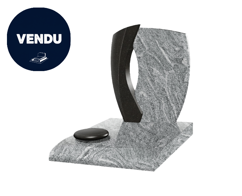 Pierre tombale en granit avec accents noirs, design incurvé.