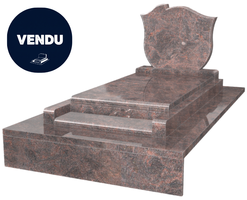 Une pierre tombale en granit brun rougeâtre avec une stèle en forme de bouclier.