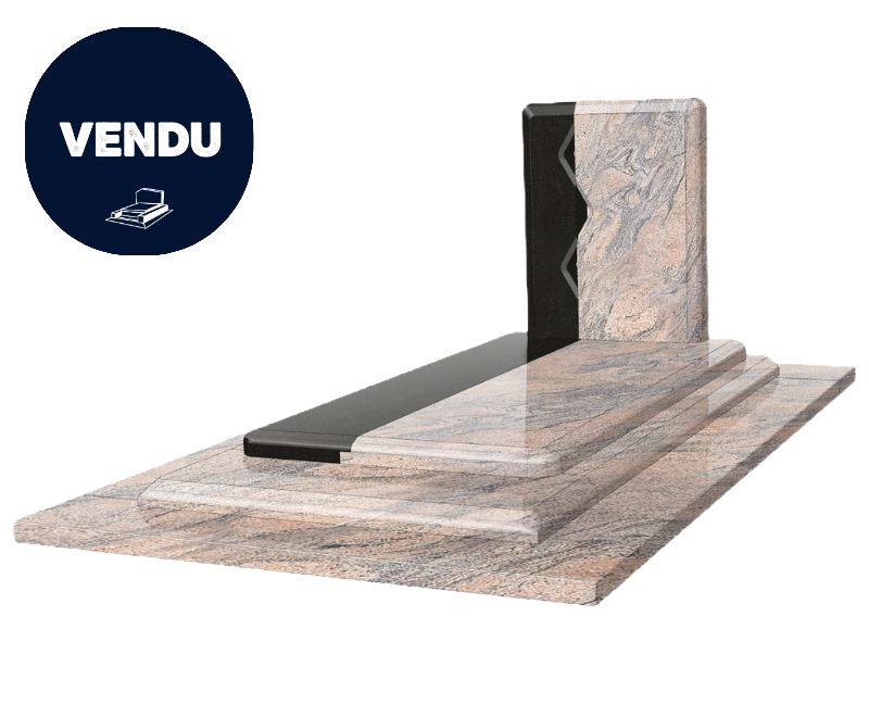 Pierre tombale en granit avec incrustations noires, base à gradins, partie verticale inclinée.