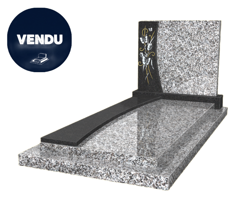 Pierre tombale en granit gris avec des accents noirs et un motif floral.
