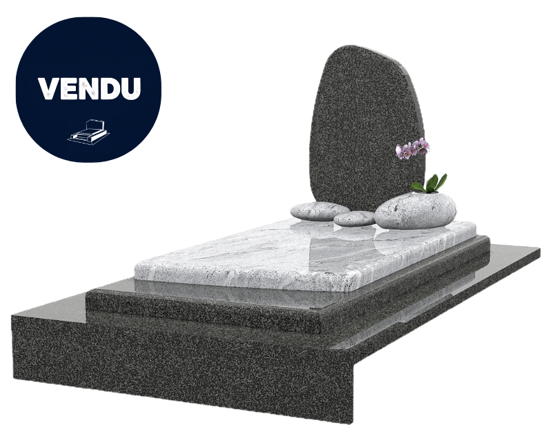 Pierre tombale en granit : base foncée, partie supérieure claire, partie verticale foncée, avec pierres claires.