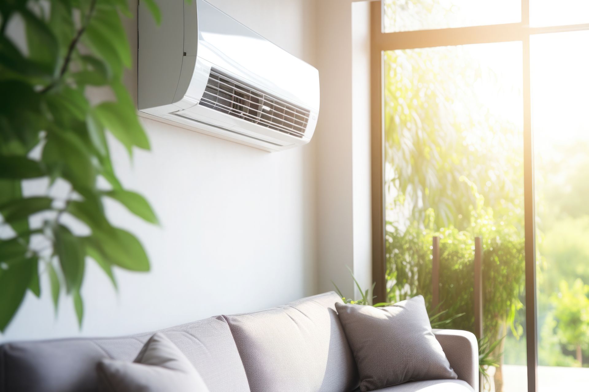 Un climatiseur au-dessus d'un canapé gris et près d'une fenêtre ensoleillée